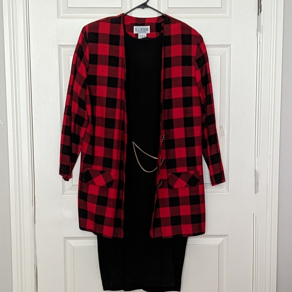 R.J. Steven Vintage 1990's Buffalo Plaid Jacket Over a Black Sheath Dress Sz 16